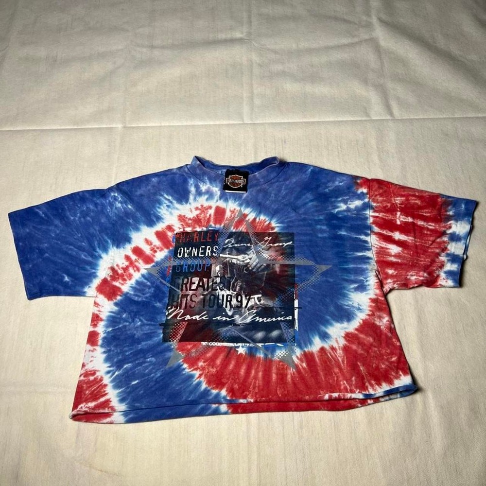 Vintage Harley Davidson red, white, and blue tie-dye cropped tee